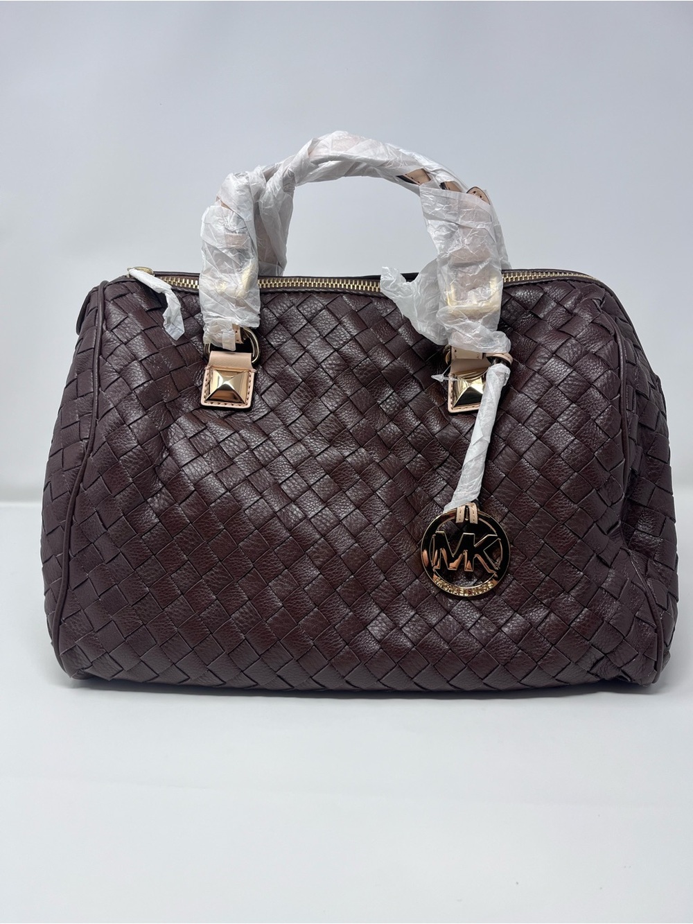 NWT Michael Kors Grayson Large Woven Leather Satchel - Mocha Brown